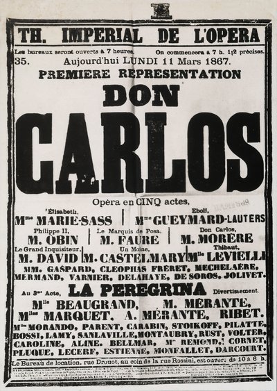 Poster die de eerste uitvoering van Don Carlos adverteert in het Theatre Imperial de l